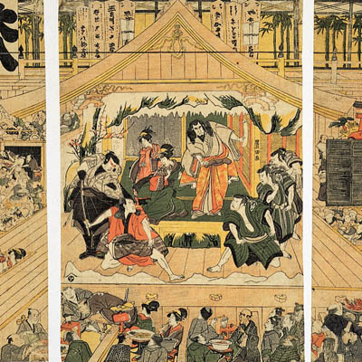 Триптих XVIII века (гравюра на дереве) изображает три сцены из спектакля кабуки