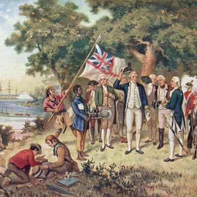 Капитан Джеймс Кук поднимает флаг в Новом Южном Уэльсе, провозглашая Австралию британским владением