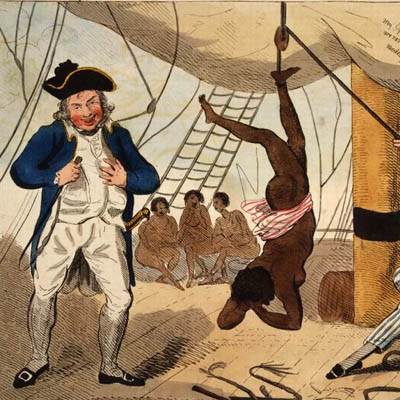 Британская карикатура, изображающая жестокость капитана Джона Кимбера, призывает к запрещению работорговли